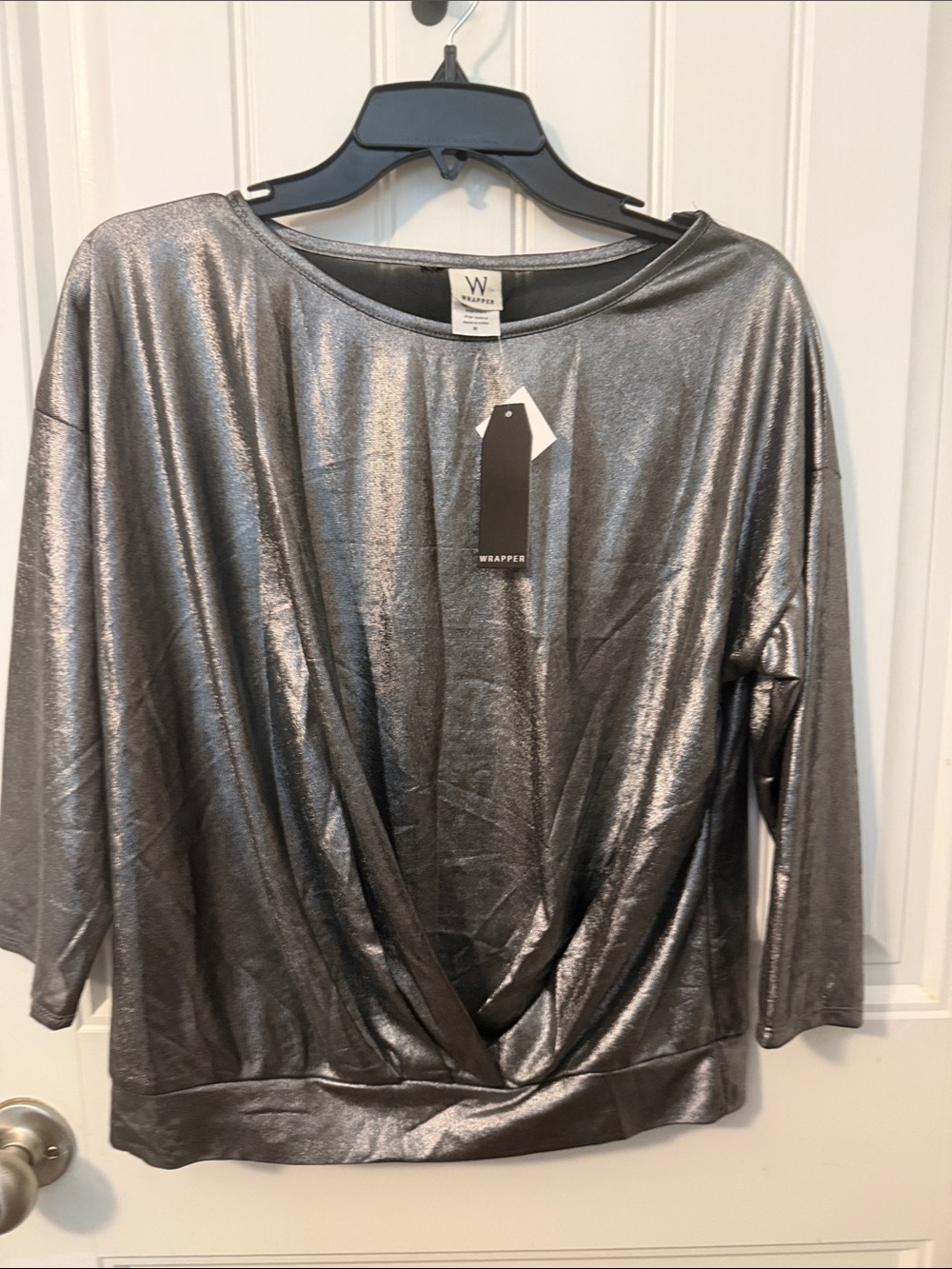 Wrapper Metallic silver Gunmetal Draped Long Sleeve Top